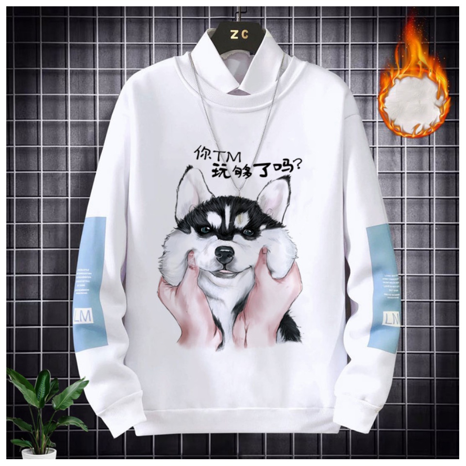 Áo Hoodie Nỉ Thu Đông Nam Tay Dài Cổ Tròn Chui Đầu Hình Chó Husky Đáng Yêu Phong Cách Trẻ Trung Thời Trang C-CHAT MEN TOP 184 1