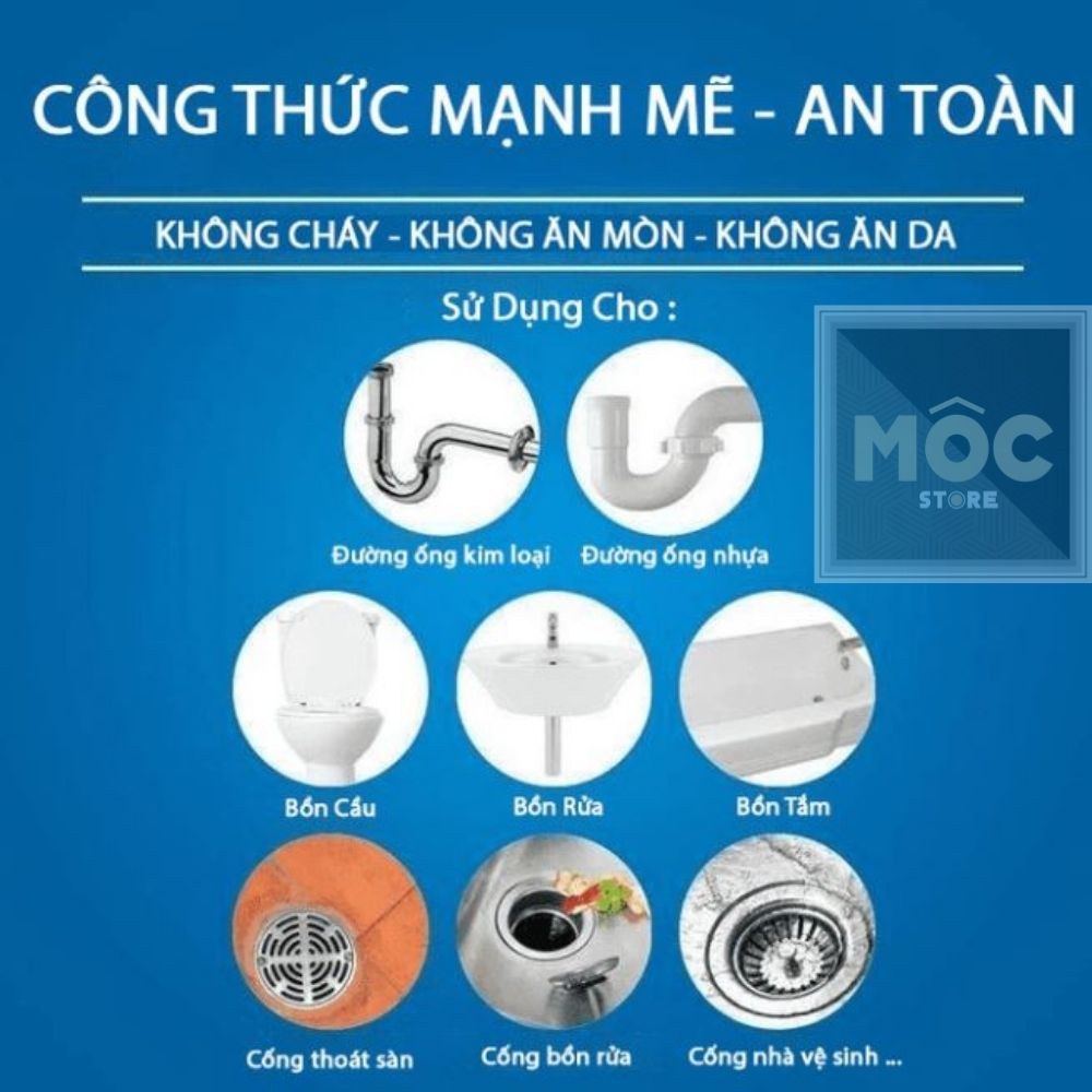 Bột thông cống thoát nước cực mạnh, cực nhanh 280g, 260g Mocstore, Hoá chất thông bồn cầu mạnh xử lý nhanh tắc nghẽn cầu nghẹt lavabo nghẹt bồn rửa chén nghẹt, dung dịch thông tắc tóc và rác thải Sink and drain cleaner