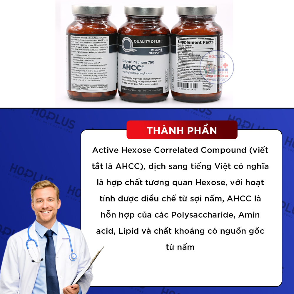 Viên uống AHCC Kinoko Platinum nhập khẩu từ Mỹ 750mg 60 viên tăng cường hệ miễn dịch, đào thải HPV - Hoplus