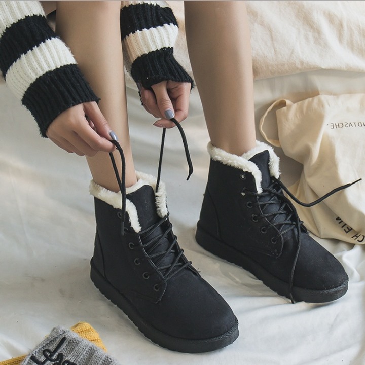 Boots nữ mùa đông, bốt lông dây buộc cực ấm đi du lịch mùa đông siêu đẹp, giày bốt nữ dáng đẹp, cute dành cho mùa đông đi chơi Sapa