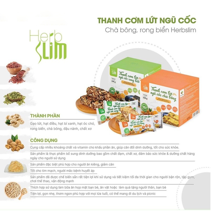 Thanh Cơm Gạo Lứt Herbslim Chà Bông Vị Thơm Ngon Hộp 10 Gói