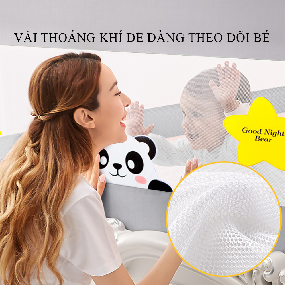 Thanh chắn giường cho bé an toàn cao cấp 1m2, 1m8, 2m, 2m2. Độ cao điều chỉnh trượt lên trượt xuống cao 72 - 100cm.