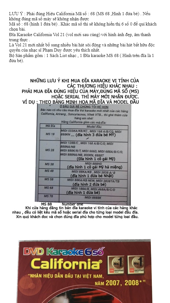 Đĩa Karaoke 6 số California Vol 21 - MS 68  + Sách List nhạc