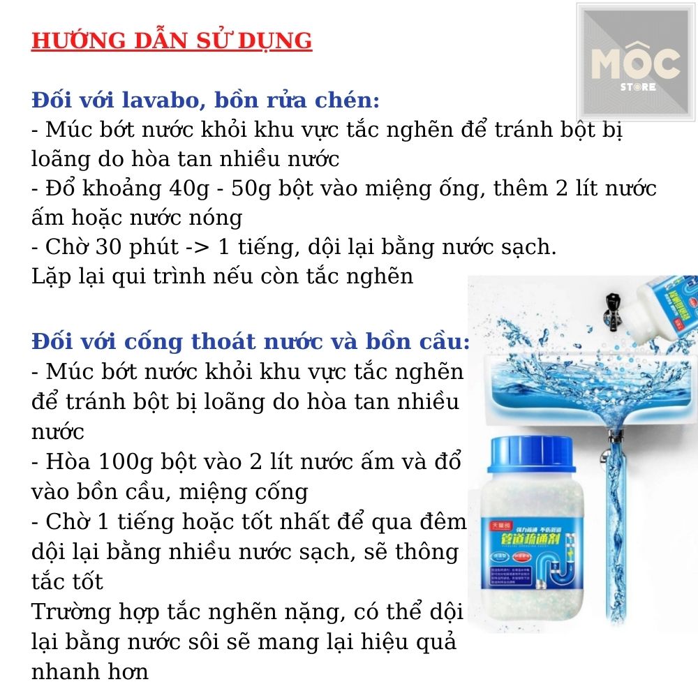 Bột thông cống thoát nước cực mạnh, cực nhanh 280g, 260g Mocstore, Hoá chất thông bồn cầu mạnh xử lý nhanh tắc nghẽn cầu nghẹt lavabo nghẹt bồn rửa chén nghẹt, dung dịch thông tắc tóc và rác thải Sink and drain cleaner