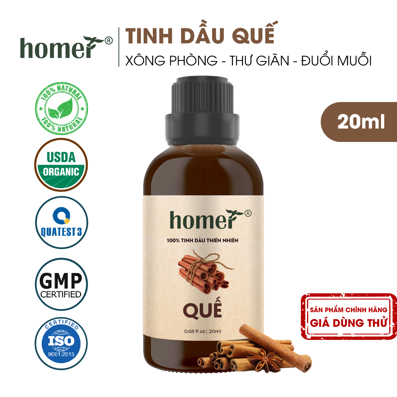 Tinh dầu thiên nhiên giá dùng thử chai lớn dung tích 20ml HOMER nhập khẩu - Nhóm đơn hương cơ bản 20 mùi - Tinh dầu Cam / Bạc hà / Sả chanh