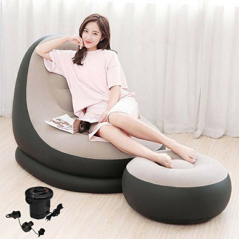 Ghế hơi thư giãn kèm ghế đôn, ghế bơm hơi tựa lưng bọc nhung mềm mịn, ghế thư giãn có gác chân cao cấp, sofa bơm hơi tiện dụng, sofa thư giãn đọc sách - kagu HC011