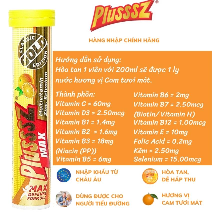 [HCM]Vitamin C viên sủi tăng sức đề kháng Plusssz Gold Max Multi vị Cam Bổ sung Vitamin C Tuýp 20 viên Robust