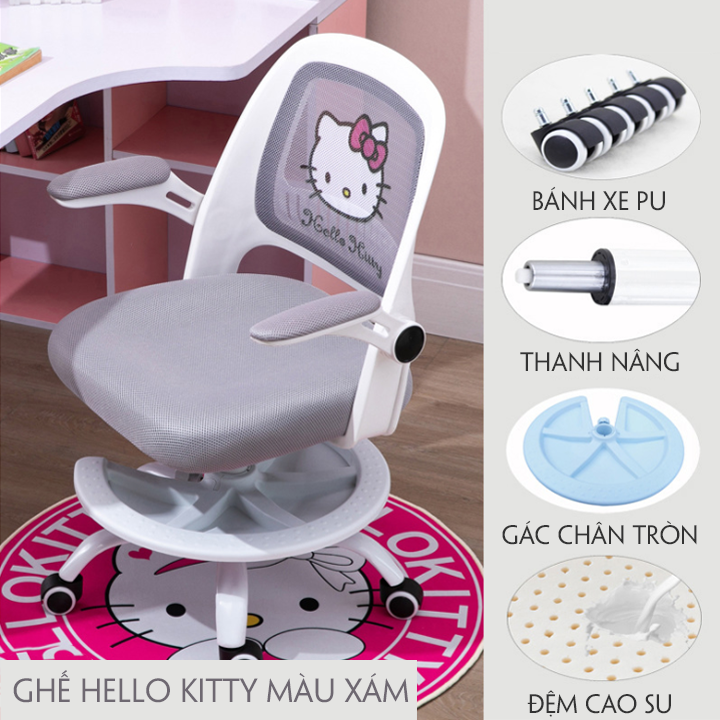 Ghế học sinh Chống Cận Chống Gù nam nữ Hello Kitty, ghế xoay học sinh đệm cao su non có tựa lưng, Vải sợi nano cao cấp chống xẹp lún, thoáng khí, Có thể điều chỉnh độ cao chân gác, chiều cao ghế, nhiều màu tại WinwinX