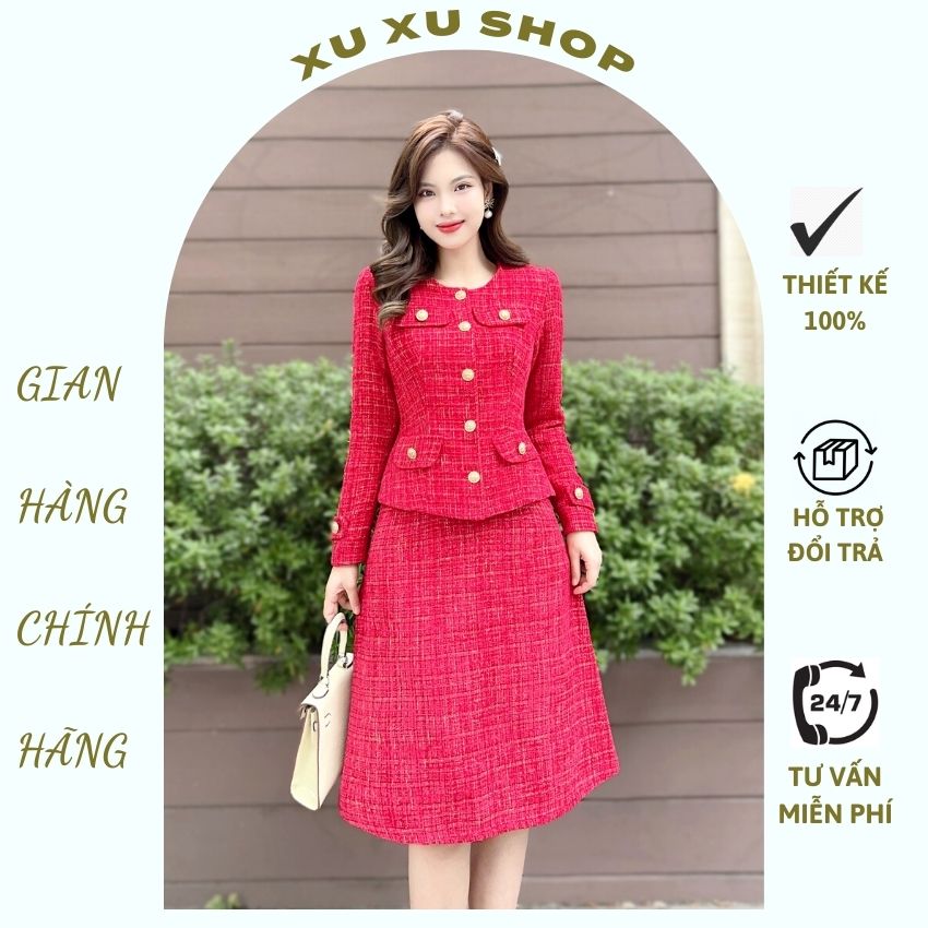 Set đầm váy dạ tweed tiểu thư SASAMI hàng thiết kế sang trọng màu đỏ trắng  gồm áo chân váy áo khoác dài tay H032 | Shopee Việt Nam