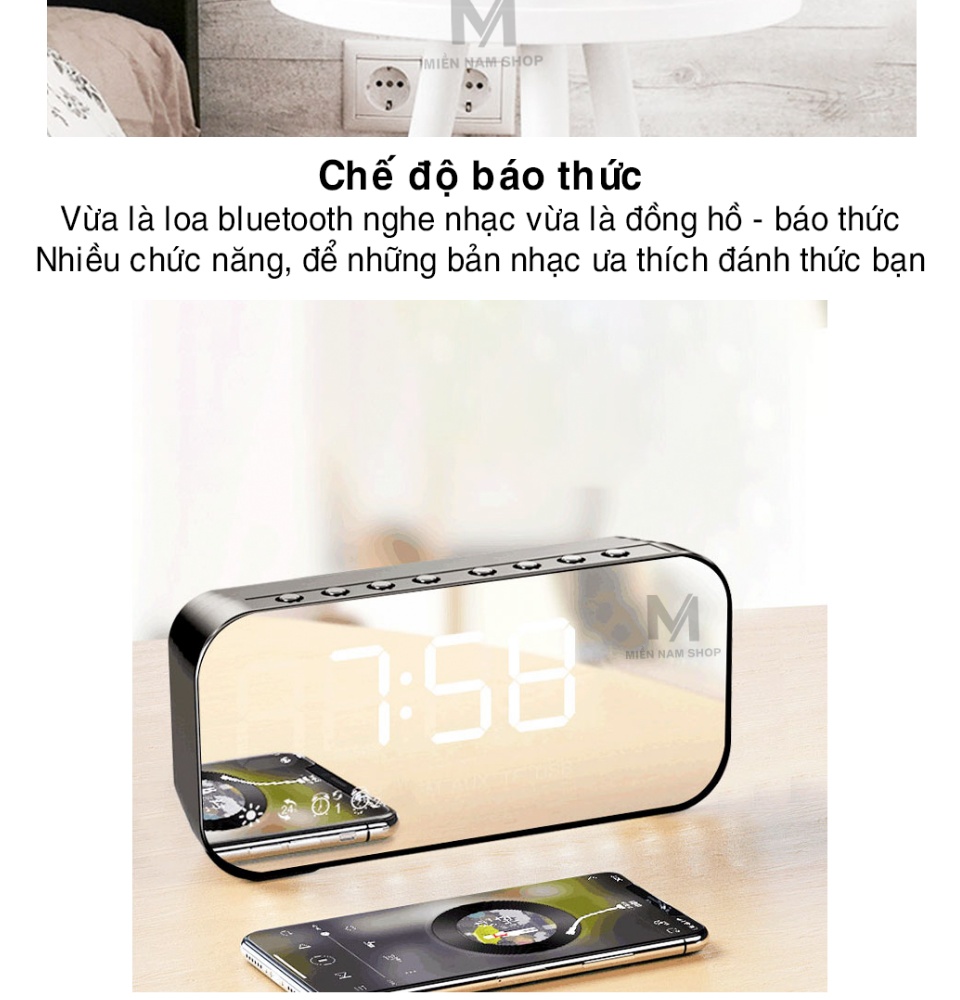 Loa Đồng Hồ AEC BT501 Mặt Gương Hiển Thị Đèn Led - Loa Bluetooth -