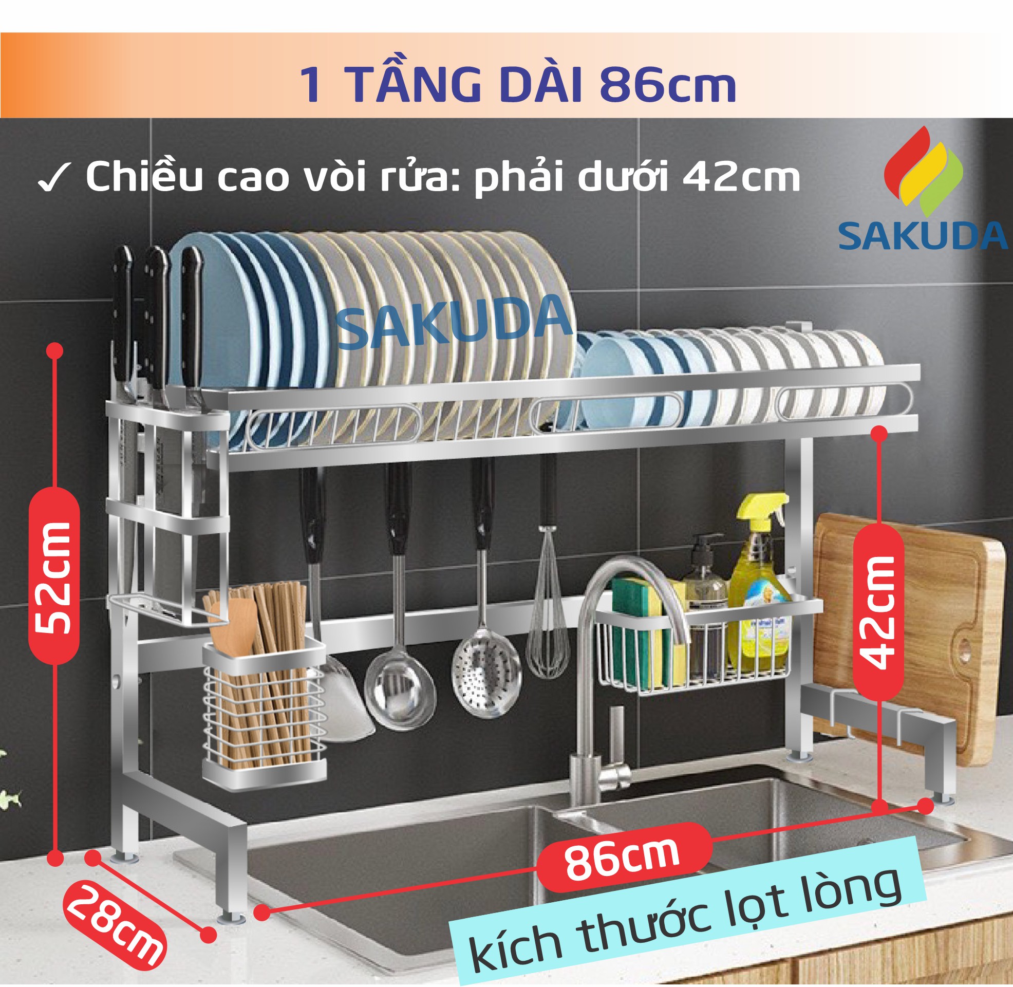 Kệ Úp Chén Bát Inox Foodcom - Kệ Chén Đa Năng Inox Để Trên Bồn Rửa - Kệ Để Chén Loại 1 tầng, Size 86cm - Hàng Chính Hãng, Bảo Hành 12 Tháng