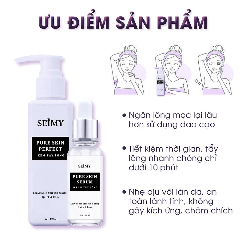 Combo Kem Tẩy Lông_ Seimy Pure Skin Perfect ( Gồm kem và serum dưỡng) Triệt Sạch Lông Chỉ Sau 5 Phút sử dụng