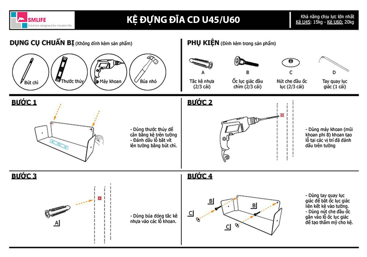 Kệ đĩa CD chữ U 60 (Set 2) - Kệ treo tường bằng thép dày 1,6mm - Sơn tĩnh điện màu Trắng/ Đen hiện đại - Tặng kèm bộ ốc vít và đầu bịt ốc