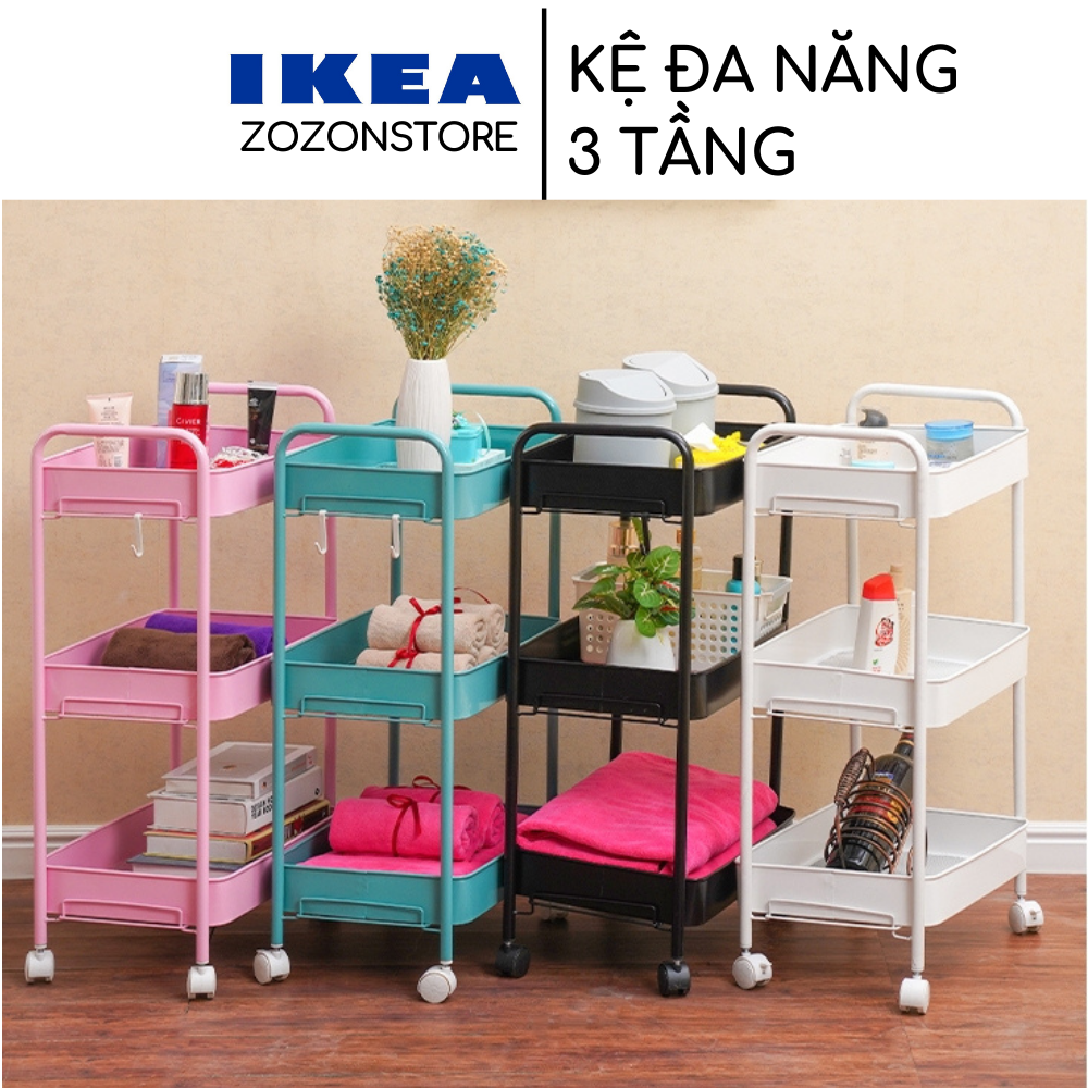 Kệ sắt 3 tầng IKEA đa năng đựng đồ mỹ phẩm tiệm Spa Nail tóc makeup đựng gia vị kệ nhà bếp kệ sách kệ phòng khách kệ phòng ngủ có tay cầm bánh xe Zozon