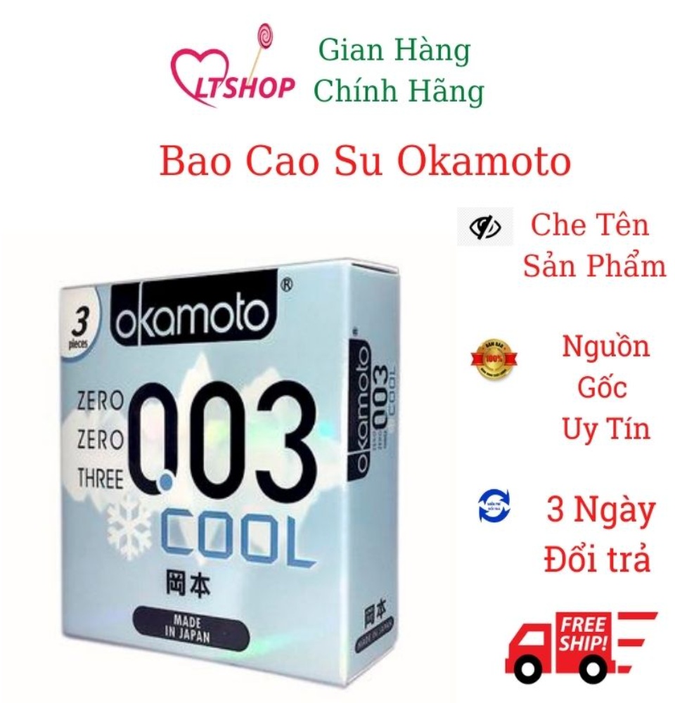 Bao Cao Su Okamoto 0.03 Cool Siêu mỏng kéo dài Bóng Láng Mát lạnh Hộp 3 Cái 1