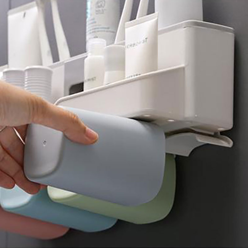 Kệ để đồ nhà tắm, treo bàn chải đánh răng, nhả kem tự động, tặng kèm 3 cốc, không cần khoan tường 9201