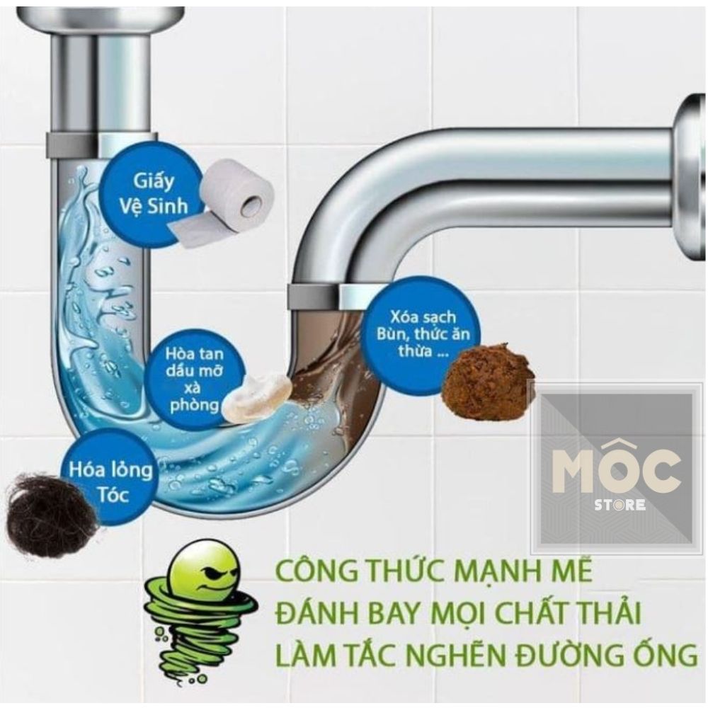 Bột thông cống thoát nước cực mạnh, cực nhanh 280g, 260g Mocstore, Hoá chất thông bồn cầu mạnh xử lý nhanh tắc nghẽn cầu nghẹt lavabo nghẹt bồn rửa chén nghẹt, dung dịch thông tắc tóc và rác thải Sink and drain cleaner