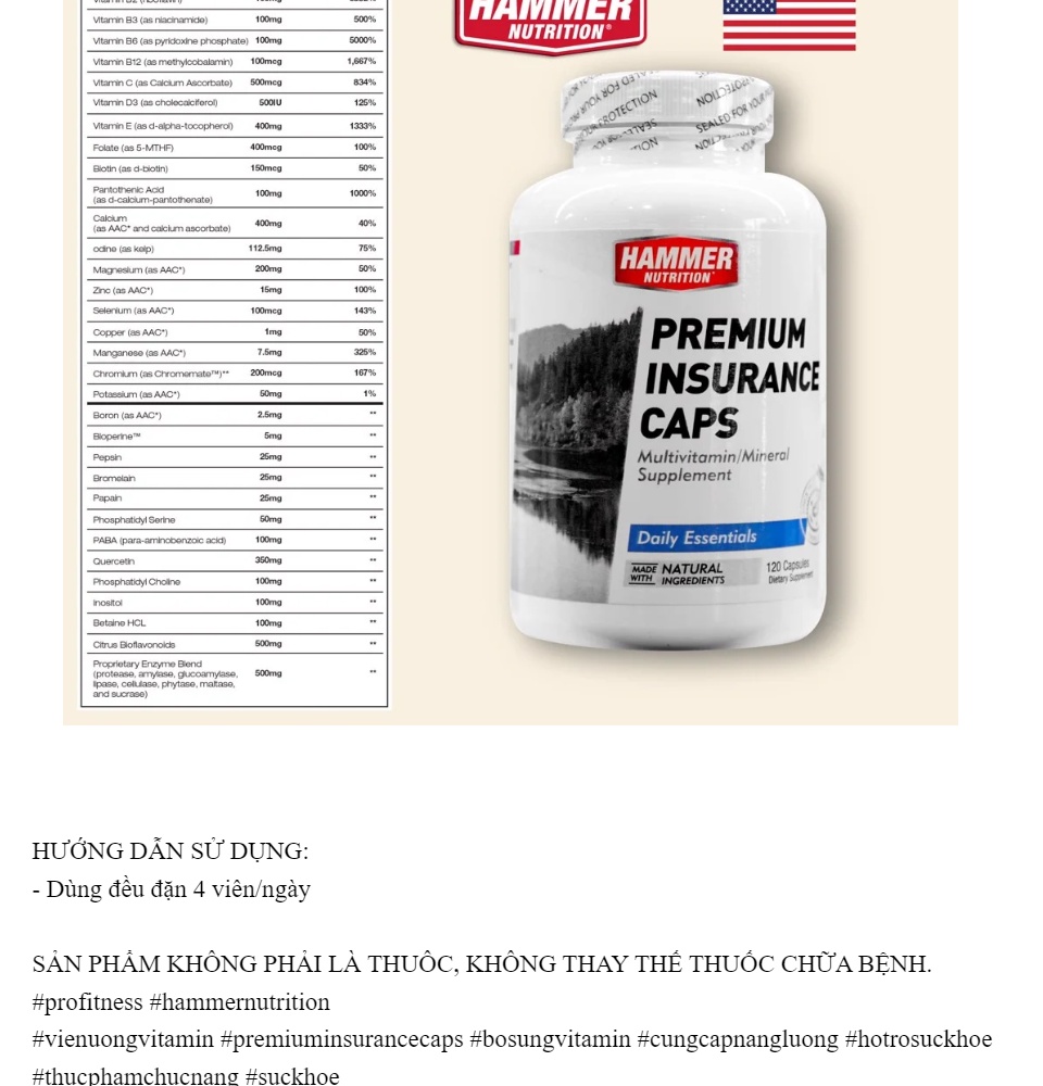 Viên uống bổ sung Vitamin Premium Insurance Caps Hammer Nutrition Tối
