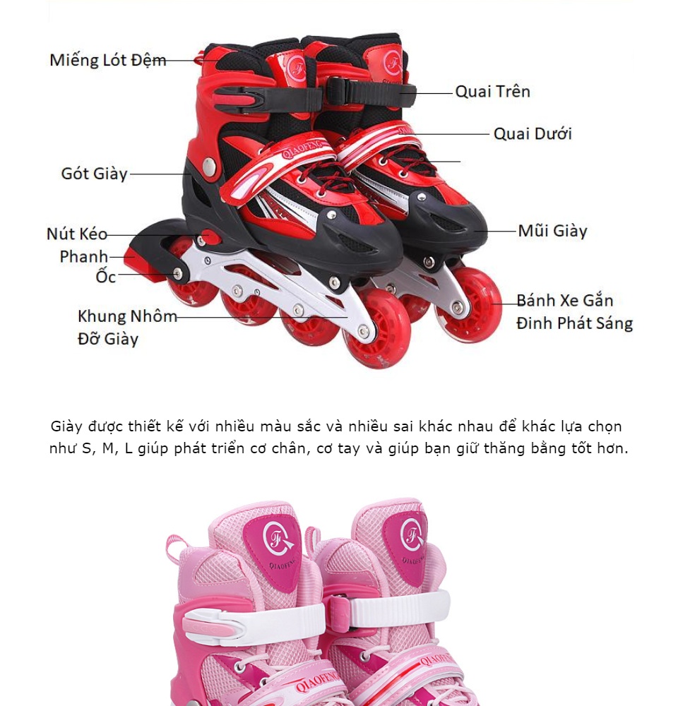Giày trượt Patin Trẻ Em Người Lớn Cao Cấp bánh xe phát sáng SP38
