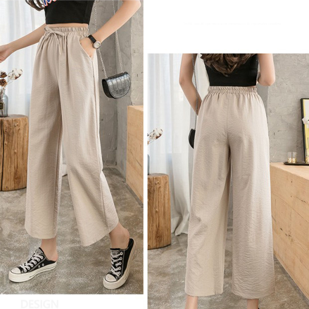 Quần Ống Rộng Culottes Lưng Cao Chất Đũi Vải Mềm Mịn Buộc Dây Kiểu Dáng Trẻ Trung
