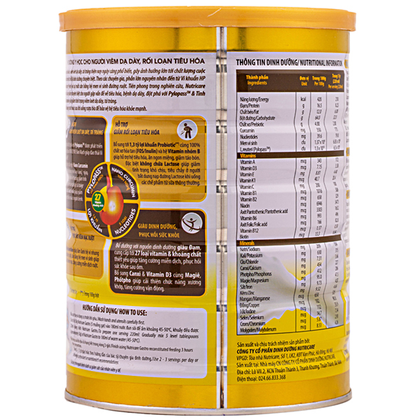 Sữa bột Nutricare Gastro / Sữa cho người đau dạ dày / Nutricare . Lon:900g . Dành cho người viêm loét dạ dày . Đau dạ dày