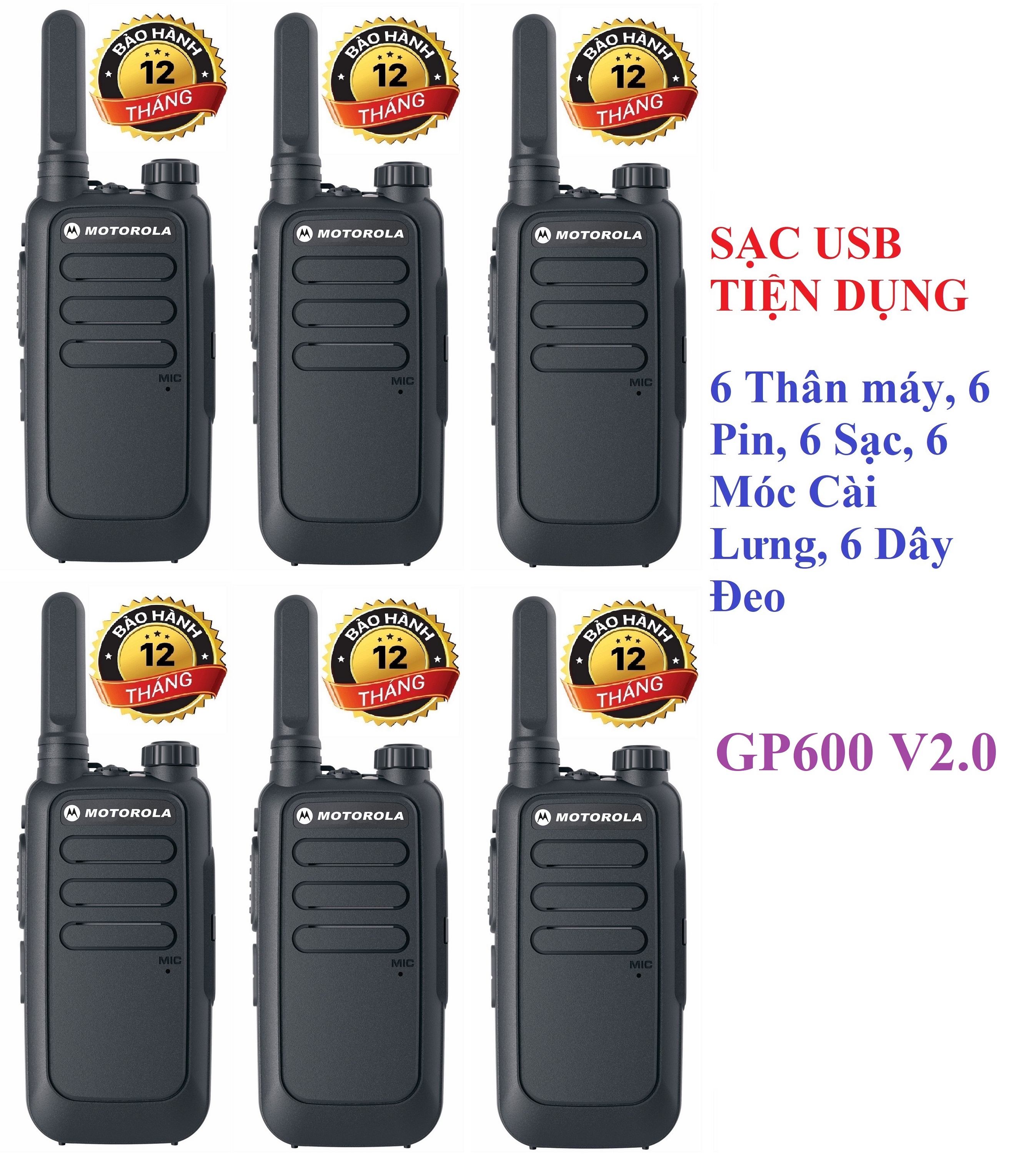 Bộ 6 Chiếc Bộ đàm Mini chất lượng khủng Motorola GP600 V2.0 (Loa To,Sạc USB Tiện dụng)