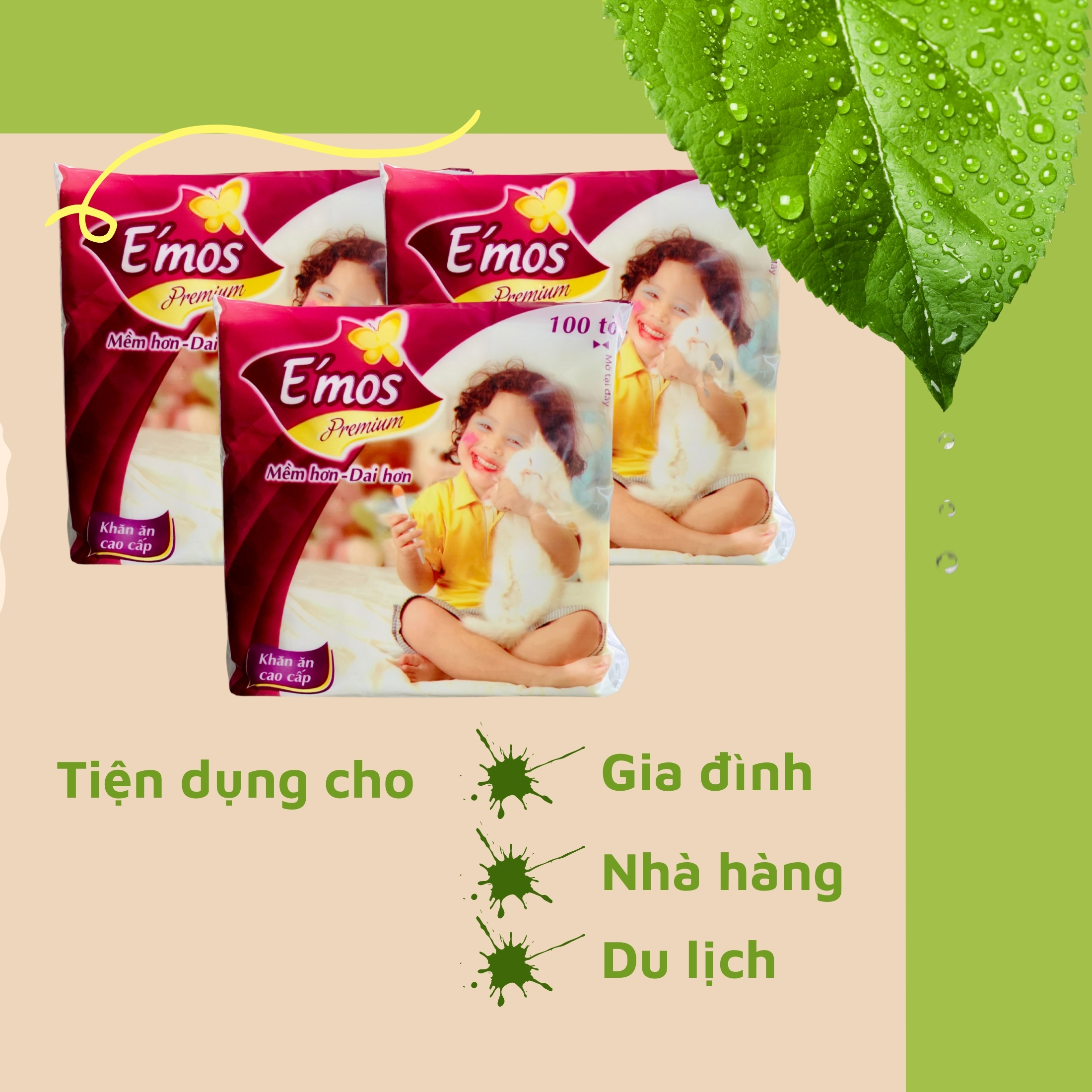 Combo 5 bịch khăn giấy vuông Emos tím đa năng lớn 330*330mm, Bao Xốp Ngọc Linh A40, giấy ăn e’mos premium loại 1, 1 bịch 80 tờ, loại dày tốt, phù hợp với trẻ em, dùng cho gia đình, lau tay, khăn lụa mềm mại