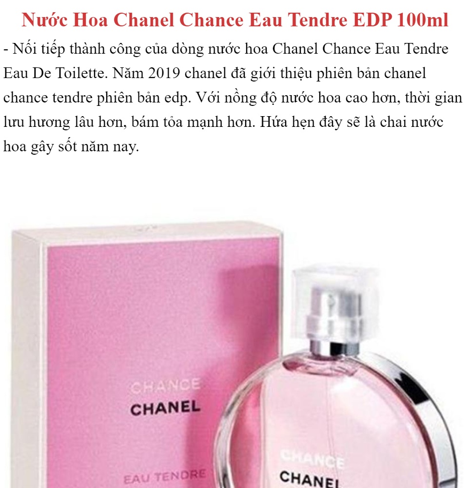 Chanel Chance Eau Tendre Màu Hồng EDT 100ml xách tay chính hãng giá rẻ bảo  hành dài  Nước hoa nữ  Genmaz