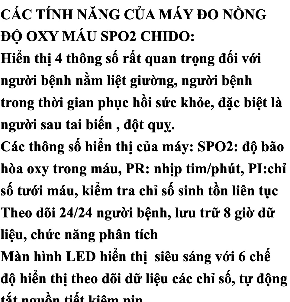 Máy đo nồng độ Oxy trong máu SPO2 CHIDO C101A2 chính hãng, cao cấp, theo dõi nhịp tim, độ bão hòa trong máu 67 Máy đo nồng độ Oxy trong máu SPO2 CHIDO C101A2 chính hãng, cao cấp, theo dõi nhịp tim, độ bão hòa trong máu