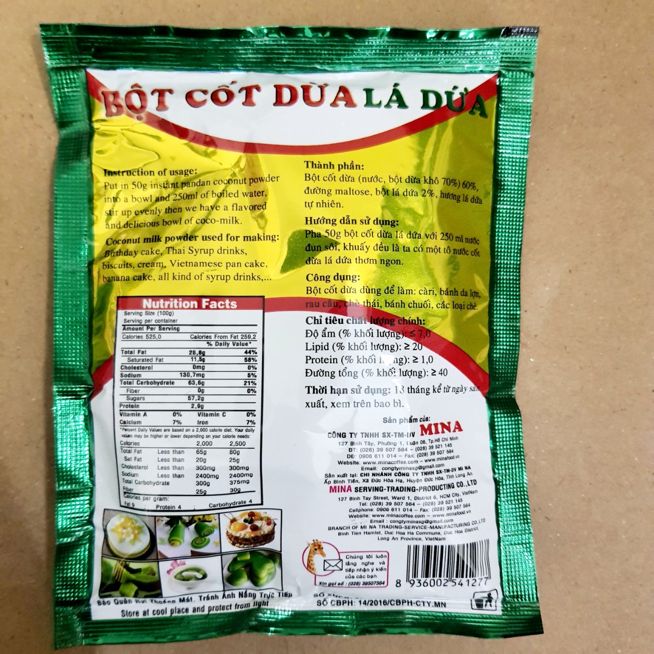 bột cốt dừa lá dứa 50g