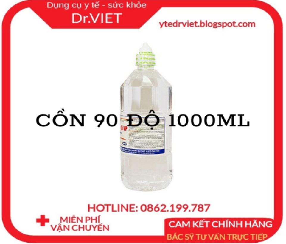 Cồn 90 độ Vĩnh Phúc 1000ml , Dùng để diệt khuẩn dụng cu y tế, bề mặt trong y tế,vi khuẩn Staphylococcus aureus, Pseudomona, Sát trùng vết thương: Tẩm cồn vào bông bôi lên chỗ cần sát trùng, Vệ sinh dụng cụ y tế - Drviet
