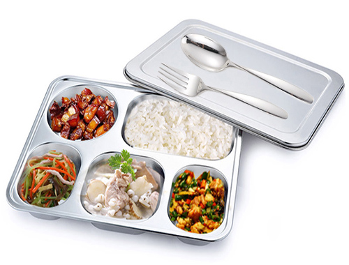 Combo khay đựng cơm inox 5 ngăn - muỗng - nĩa inox cao cấp của Hàn Quốc