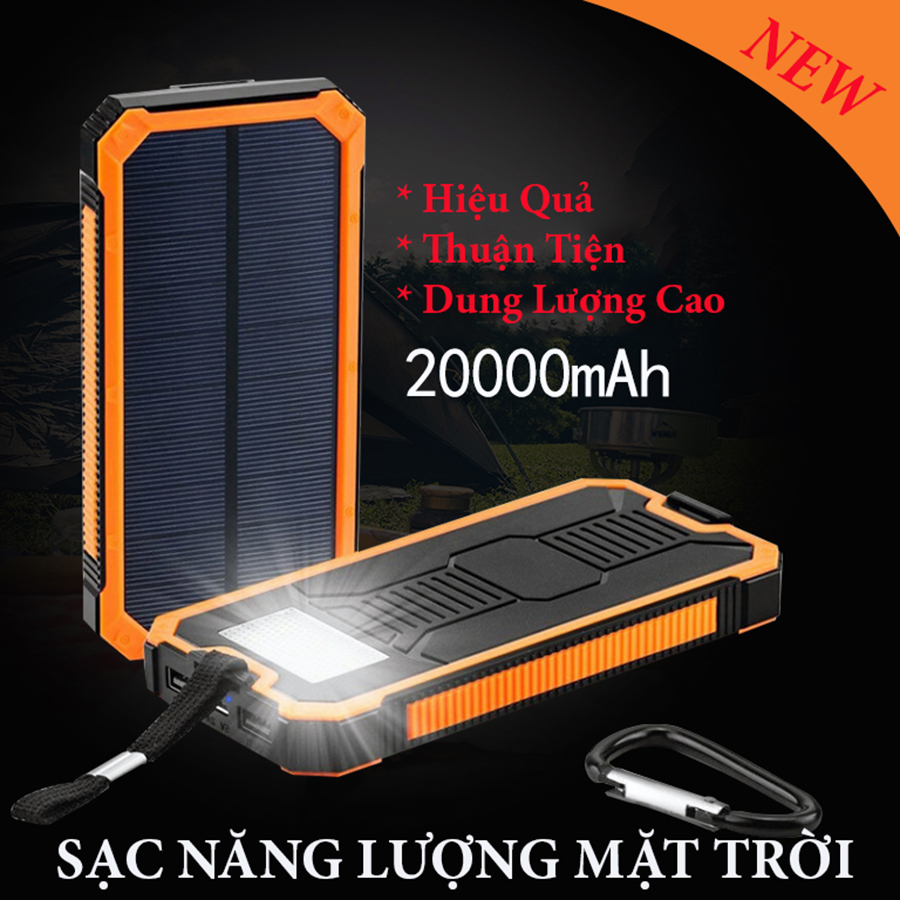 Pin Sạc Dự Phòng Năng Lượng Mặt Trời 20000 Mah Có Đèn Pin Có Tích Hợp Sạc Nhanh - Tiện Lợi cho du lịch, phượt mà không lo hết điện