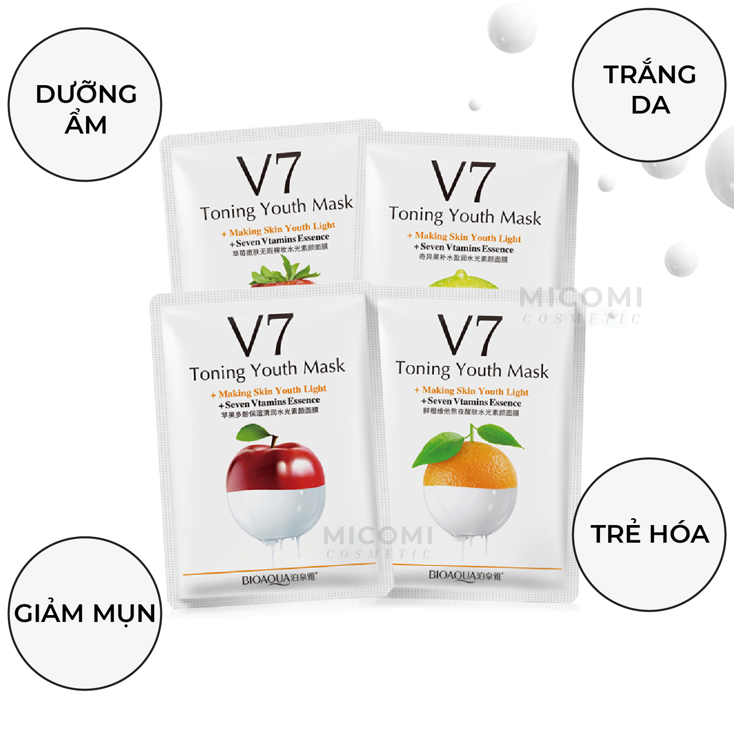 COMBO 10 Mặt Nạ Trái Cây V7 Dưỡng Trắng Da Cấp Ẩm Ngừa Mụn Mask Giấy Đắp Mặt Toning Youth  Vitamin Bioqua Nội Địa Trung MICOMI Cosmetics Táo l Kiwi l Cam l Dâu