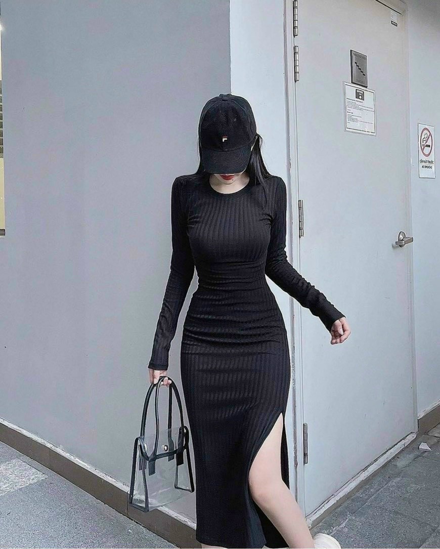 Đầm ôm body thiết kế tay dài hở một bên vai (đen) | AlvinStore.Vn