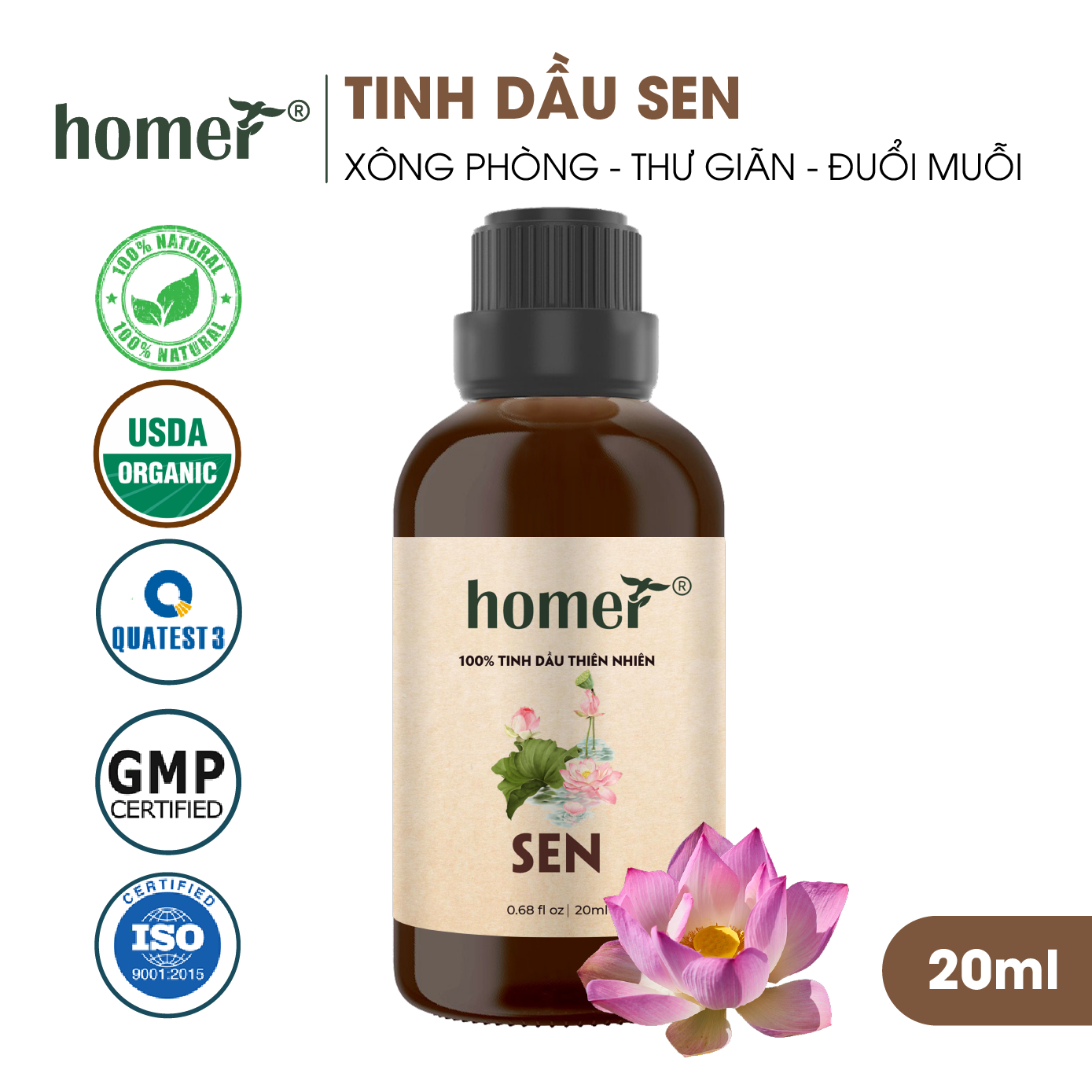 Tinh dầu thiên nhiên giá dùng thử chai lớn dung tích 20ml HOMER nhập khẩu - Nhóm đơn hương cơ bản 20 mùi - Tinh dầu Cam / Bạc hà / Sả chanh