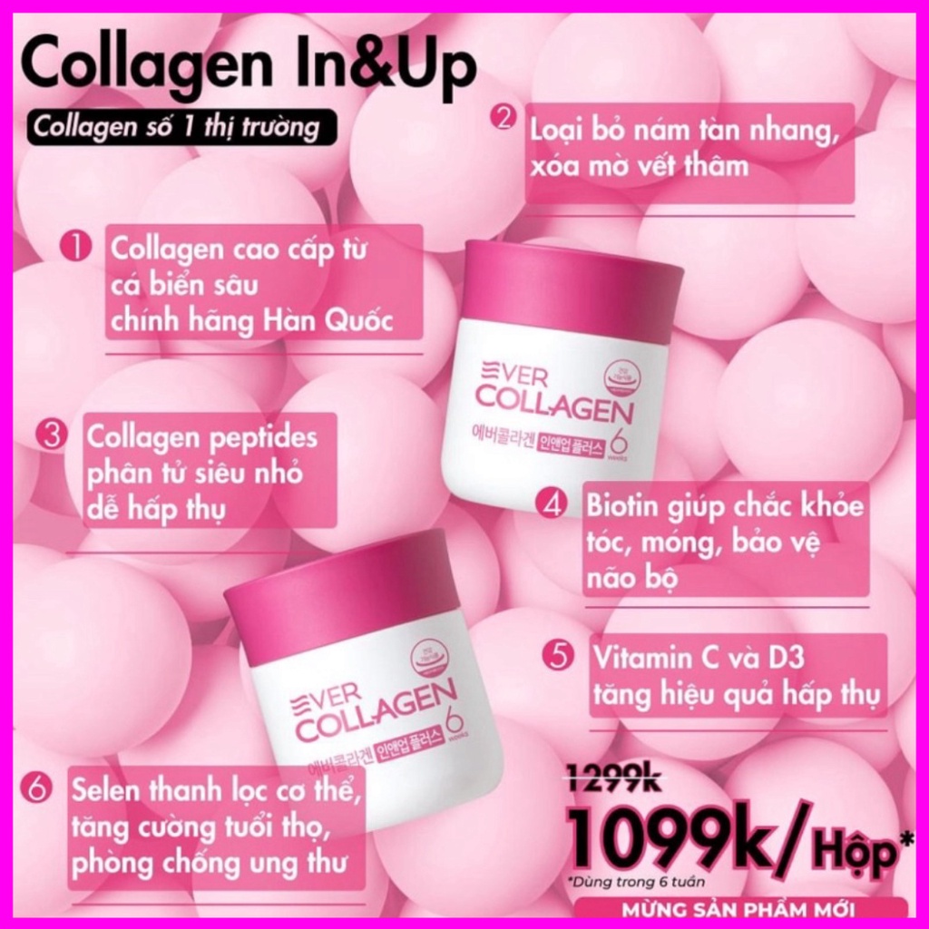 💕CAO CẤP💕Ever collagen in&up plus- Viên uống tổng hợp bổ sung collagen số 1 Hàn Quốc, Collagen dạng viên giúp làm đẹp da, tóc và móng, cải thiện trí nhớ- Loại 1 Hộp/ 2 Hộp