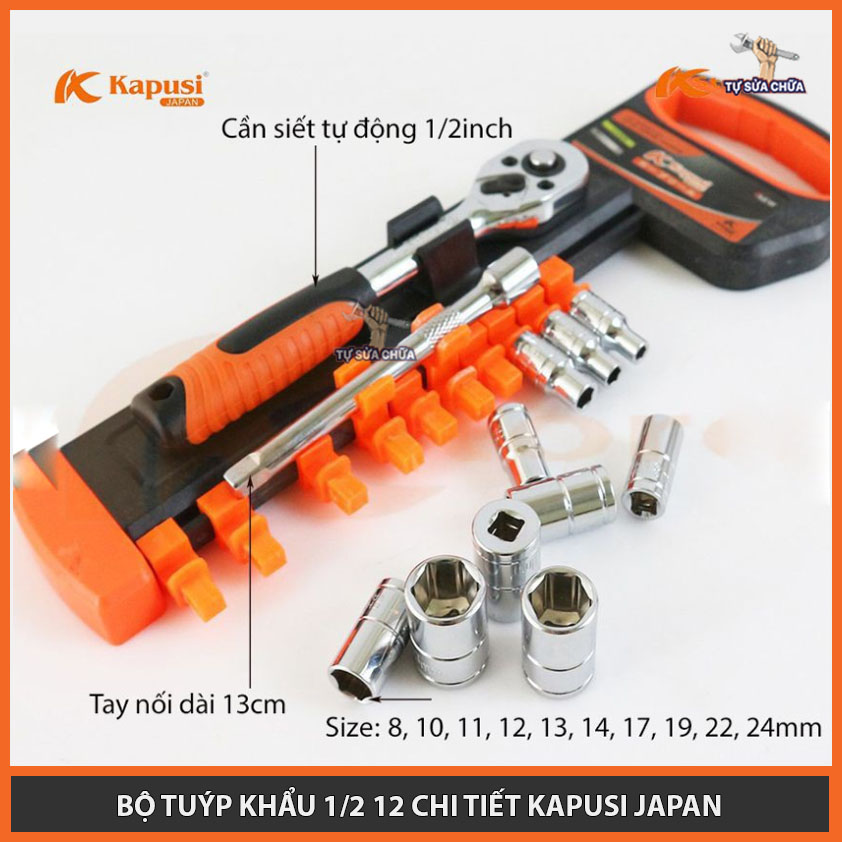 Bộ tuýp khẩu 12 chi tiết kèm cần siết tự động 2 chiều chính hãng Kapusi, Bộ tuýp khẩu 1/2, Bộ tuýp khẩu 1/4 Tuýp mở bulong, Bộ điếu mở ốc, Bộ khẩu mở siết ốc, Bộ tuýp Nhật Bản, Bộ tuýp sửa xe máy