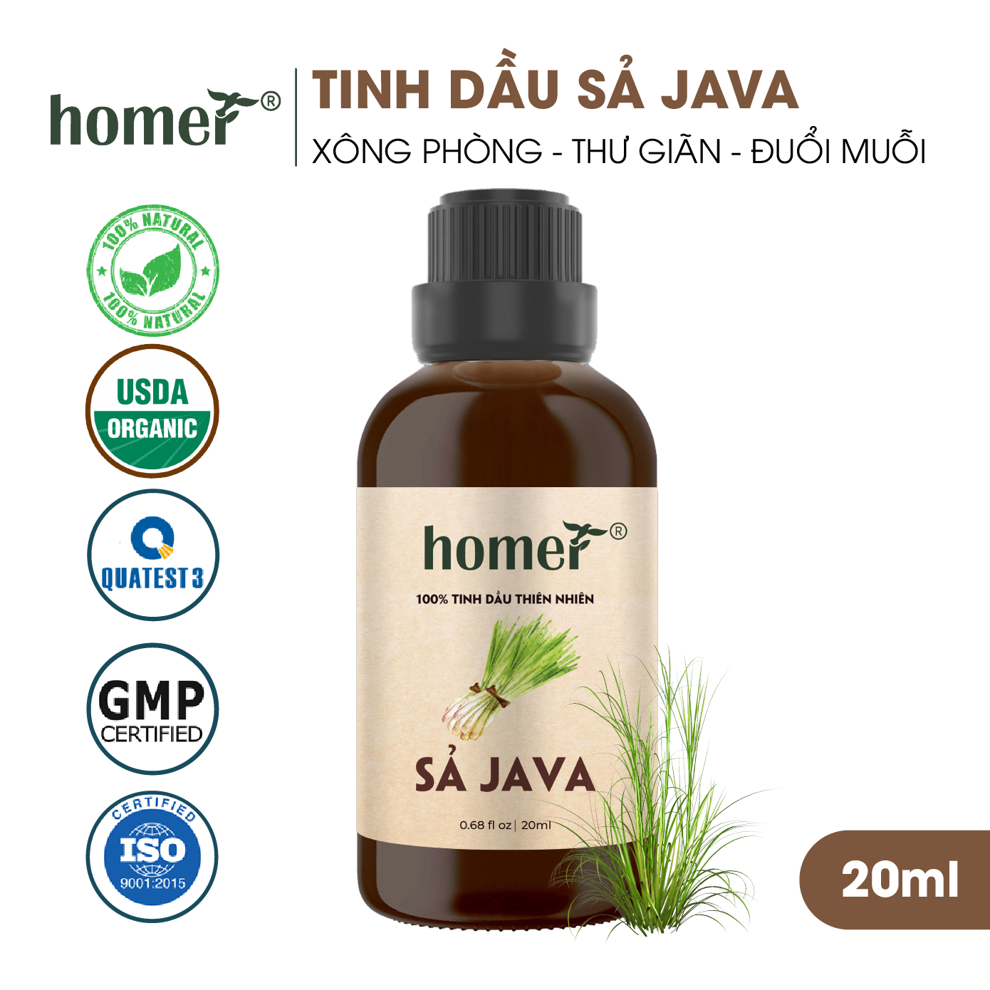 Tinh dầu thiên nhiên giá dùng thử chai lớn dung tích 20ml HOMER nhập khẩu - Nhóm đơn hương cơ bản 20 mùi - Tinh dầu Cam / Bạc hà / Sả chanh