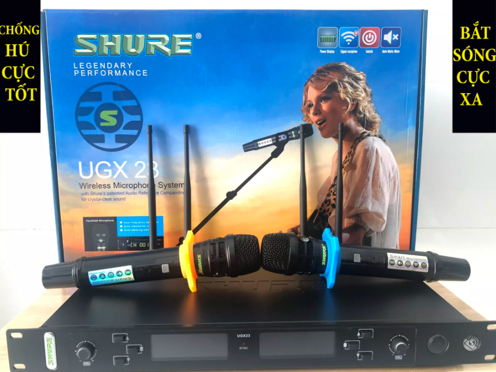 Micro Karaoke Không Dây SHURE UGX-23 Cao Cấp - Micro Shure UGX 23 Plus ( 4 Râu )Chuẩn Main Đỏ , Có Chế Độ Tự Ngắt, Sóng UHF Cực Khỏe, Mic Bắt Tiếng Cực Nhạy, Hát Karaoke Cực Hay, Siêu Chống Hú, Màn Hình Led Hiển Thị
