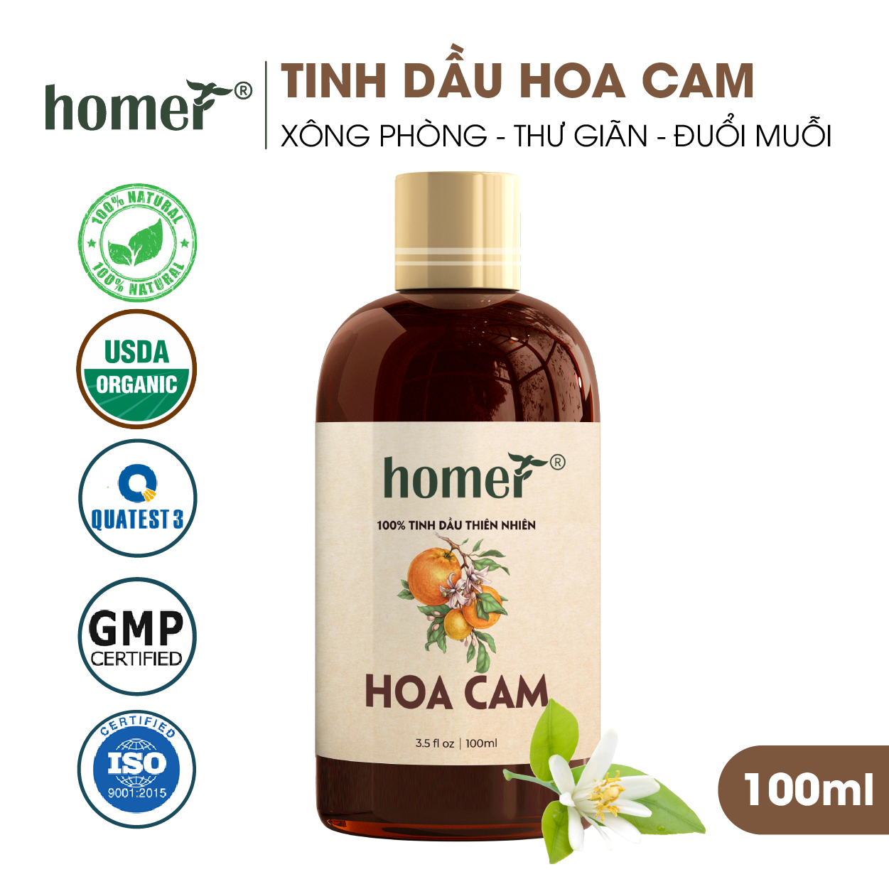 Tinh dầu thiên nhiên Hoa Cam Homer - Dung tích 20ml / 100ml/ 500ml/ 1000ml - Đạt chuẩn kiểm định cao cấp - An toàn cho sức khỏe - Đa công dụng