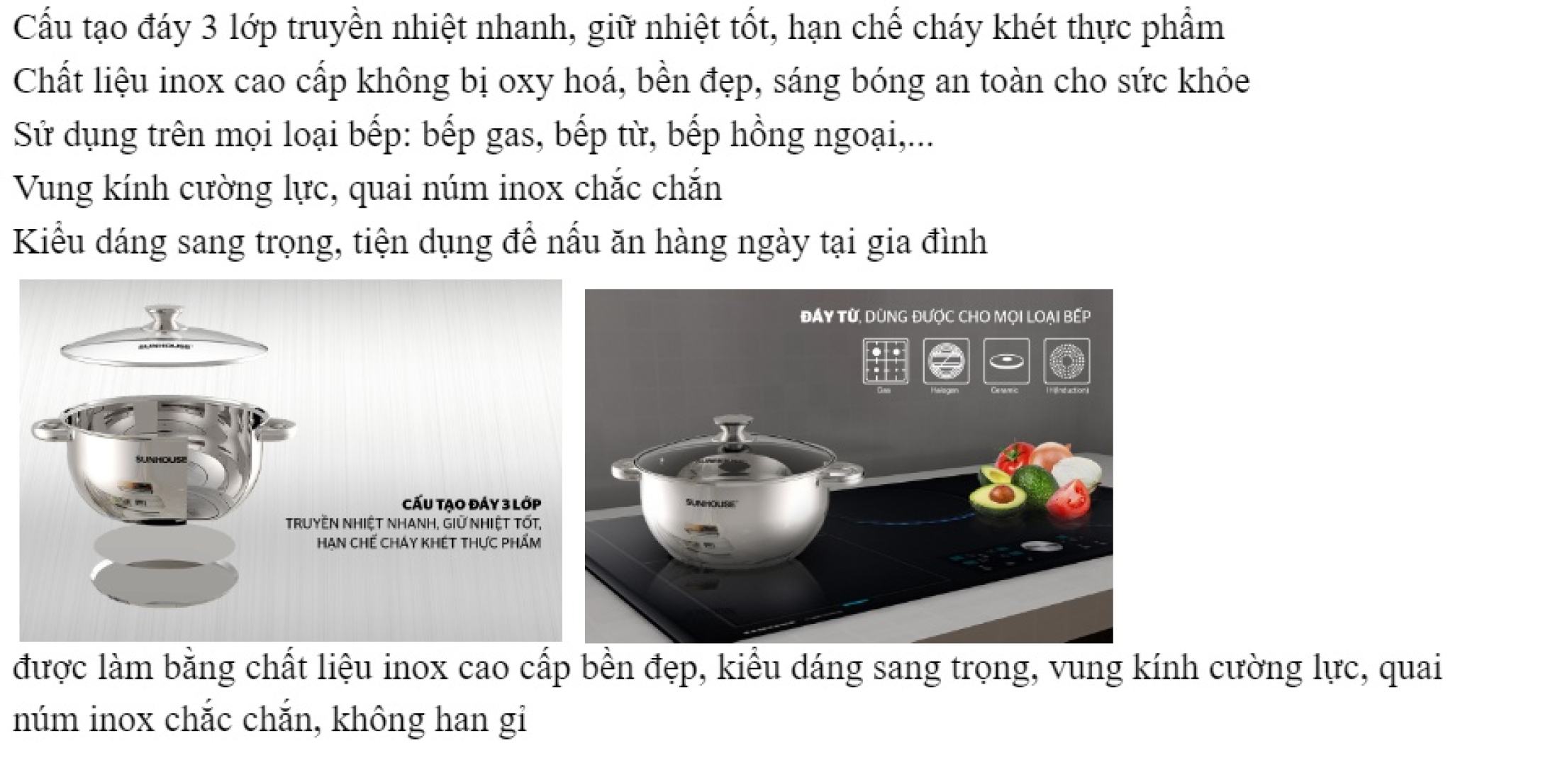 Nồi inox 3 đáy SUNHOUSE 16CM - 20 CM - 24CM