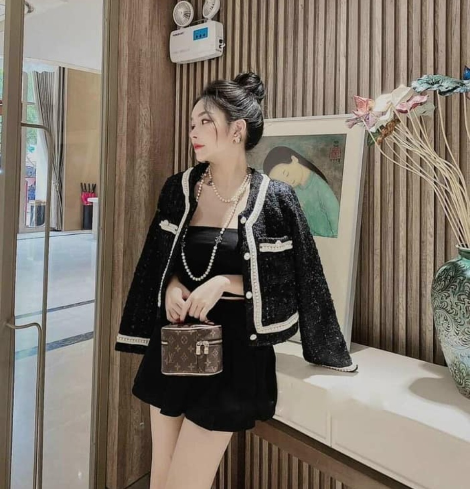 Áo khoác dạ dáng ngắn cho nữ, áo dạ viền ngọc dài tay, áo dạ tweed, áo dạ nữ thời trang