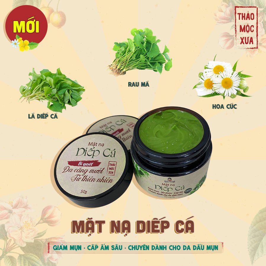 Mặt Nạ Giảm Mụn Diếp Cá Thảo Mộc Xưa - Cấp Ẩm, Ngừa Mụn Sạm Nám, Se Khít Lỗ Chân Lông, Dành Cho Da Dầu Mụn, 100% Thiên Nhiên, An Toàn Cho Mẹ Bầu - Tặng Cọ Đắp Mặt Nạ | 50gr - Miquala