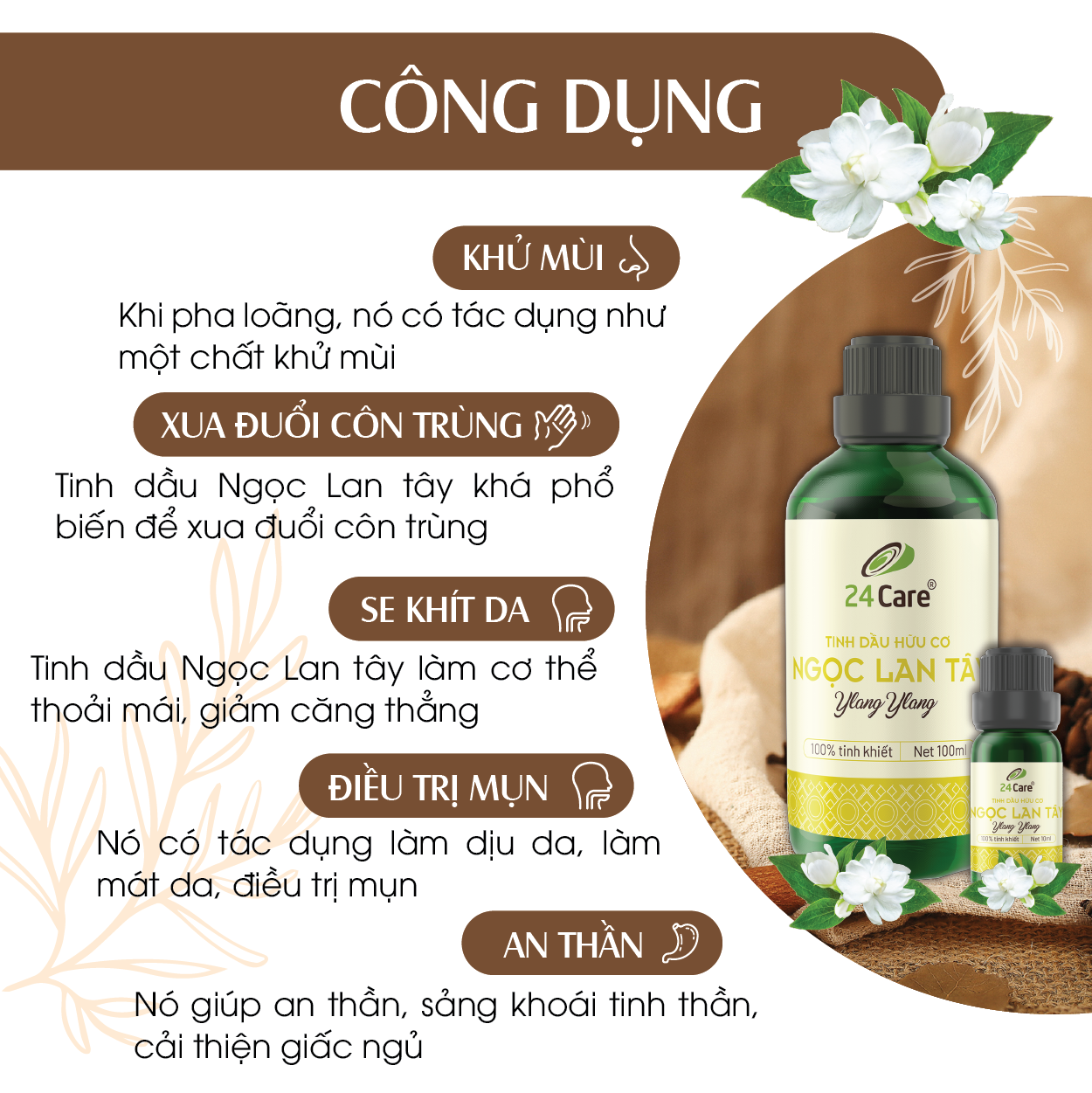Tinh dầu Ngọc Lan Tây 24Care - tập trung tinh thần,se khít lỗ chân lông, giảm đau. 100ml