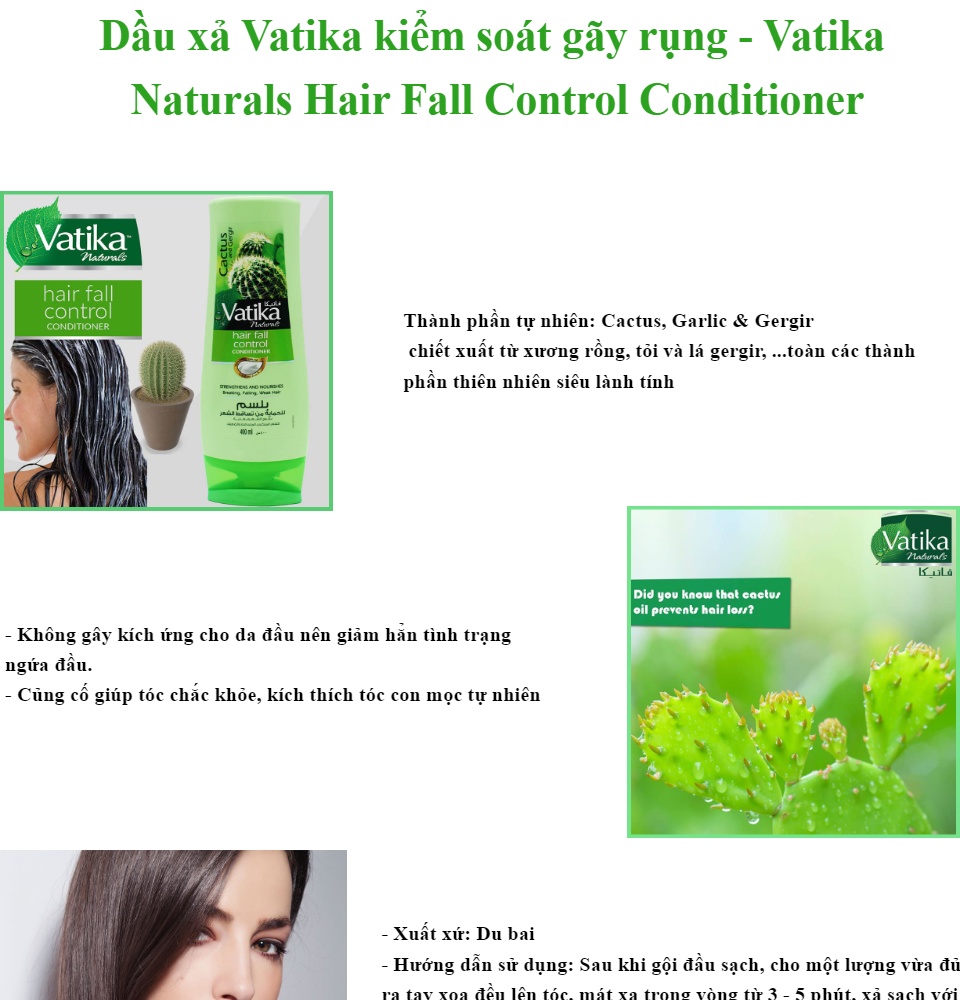 Dầu xả Vatika kiểm soát gãy rụng - Vatika Naturals Hair Fall Control  Conditioner chiết xuất cây xương rồng, Cactus, Garlic & Gergir 