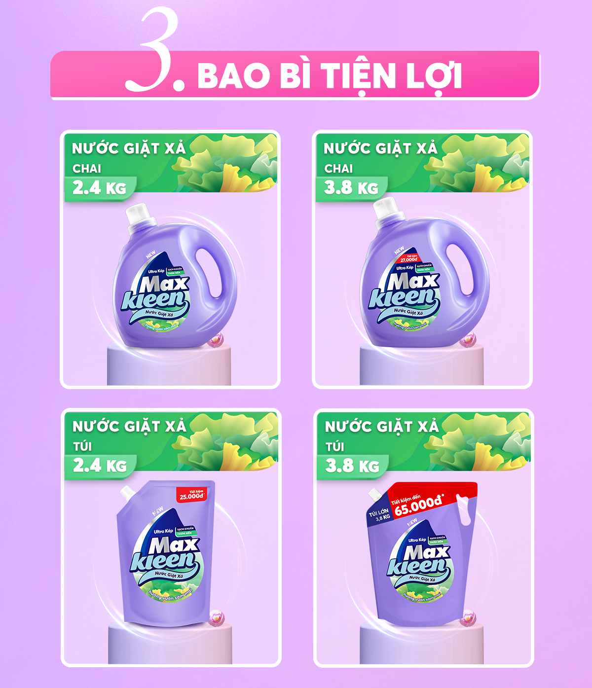 Túi nước giặt xả MaxKleen 2.4kg (Huyền Diệu/ Hoa Nắng/ Vườn Sớm Mai/ Cam Sả sạch khuẩn)