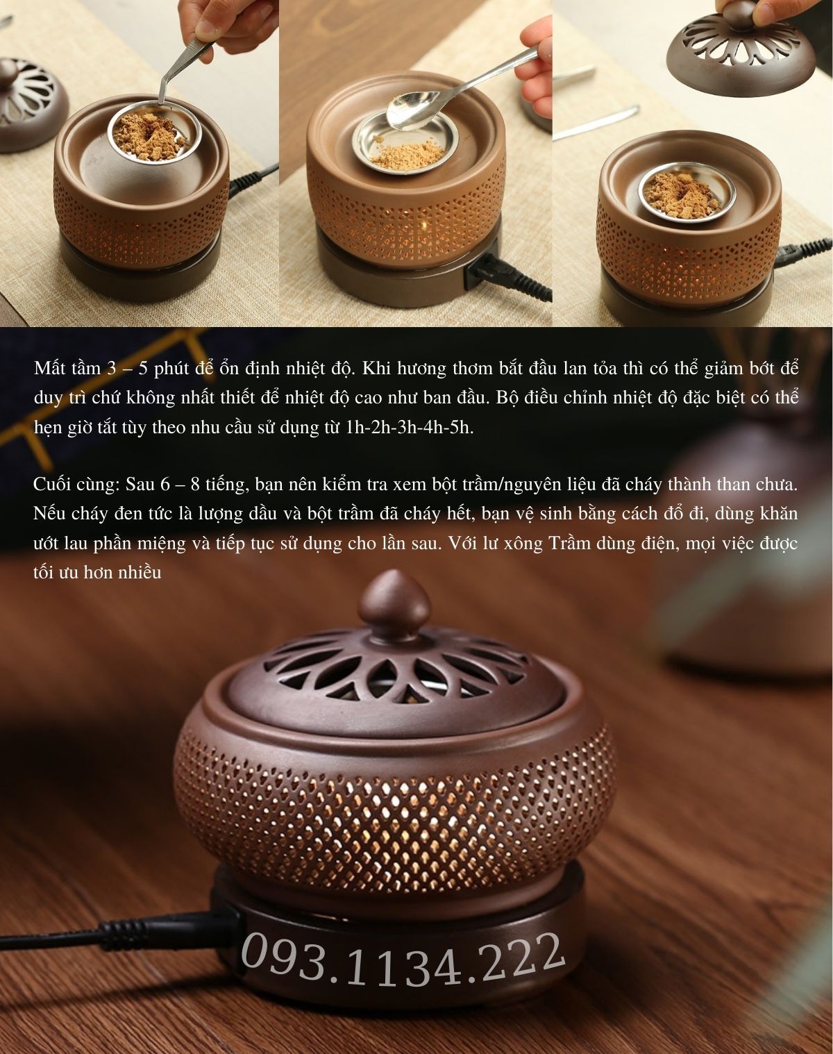 Lư điện xông bột gỗ, trầm, trầm miếng , dăm, lư hương lò xông bằng điện có hẹn giờ, có đèn đủ phụ kiện