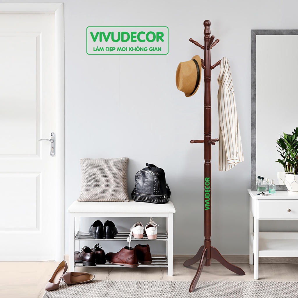 Cây Treo Quần Áo Vivudecor 100% Gỗ Tự Nhiên, Cây Treo Đồ GH 9 Nhánh Lắp Ráp Xuất Khẩu Hàn Quốc