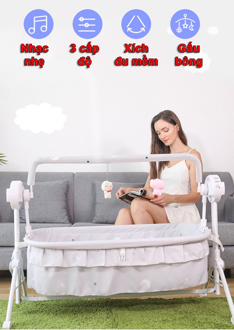 Nôi điện cho em bé sơ sinh Bibon thông minh, noi em be so sinh phát nhạc tự động kèm điều khiển từ xa, giường ngu tre em có đệm, gối, rèm chống muỗi siêu tiện lợi- Bảo hành 1 năm